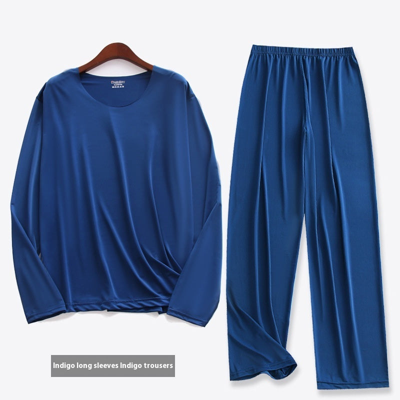 Spring Summer Ultra-thin Men's Long-sleeved Cropped Trousers Pajamas Suit