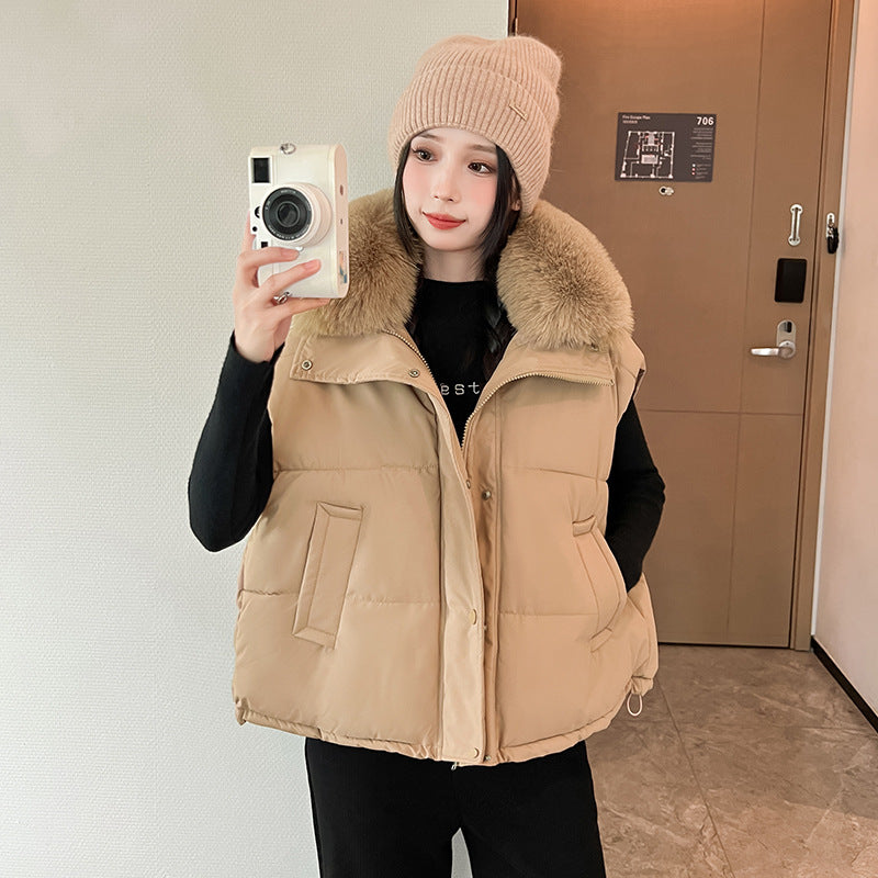 Women's Big Fur Collar Loose Down Cotton Vest Short Zipper