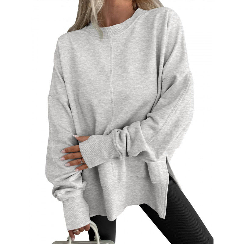 Loose Sweater Side Slit Patchwork Round Neck Bat Sleeve Velvet Hoodie