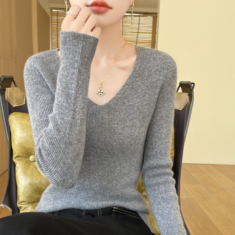 New V-neck Ribbed Slim-fitting Base Layer For Women, Slimming