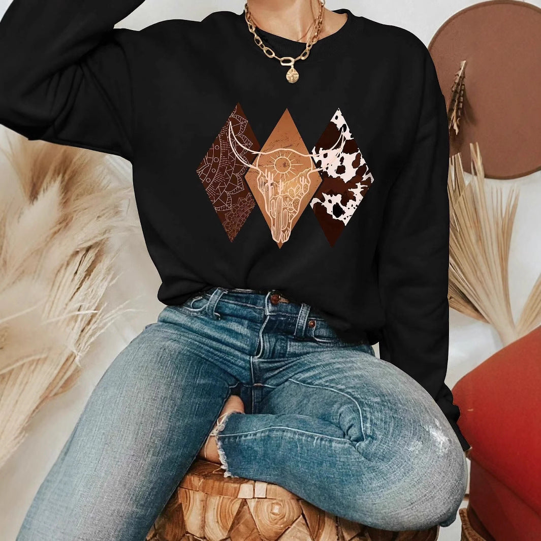 Casual Women Sweatshirt Cowboy Style Pattern Printing Hoodie