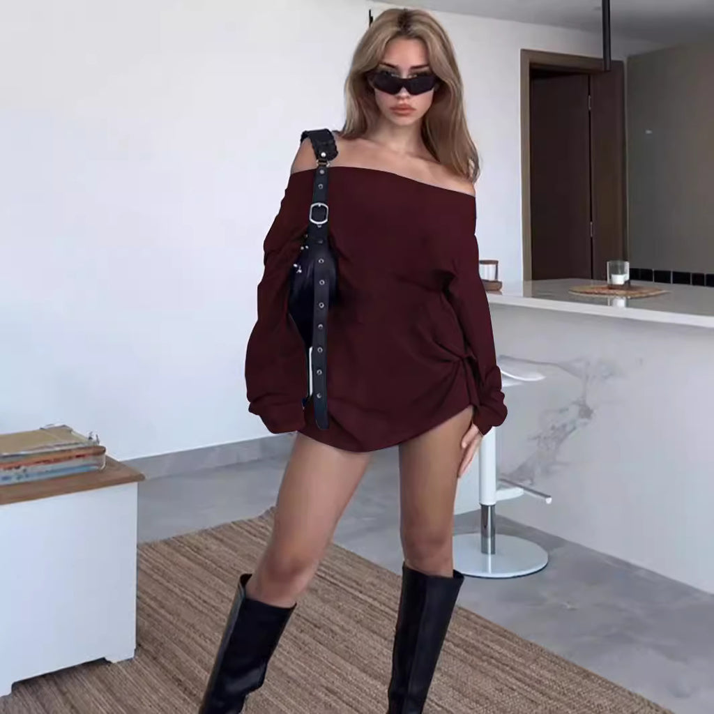 Sweet And Spicy Style Burgundy Dress Off-shoulder Loose Short Dress For Autumn And Winter