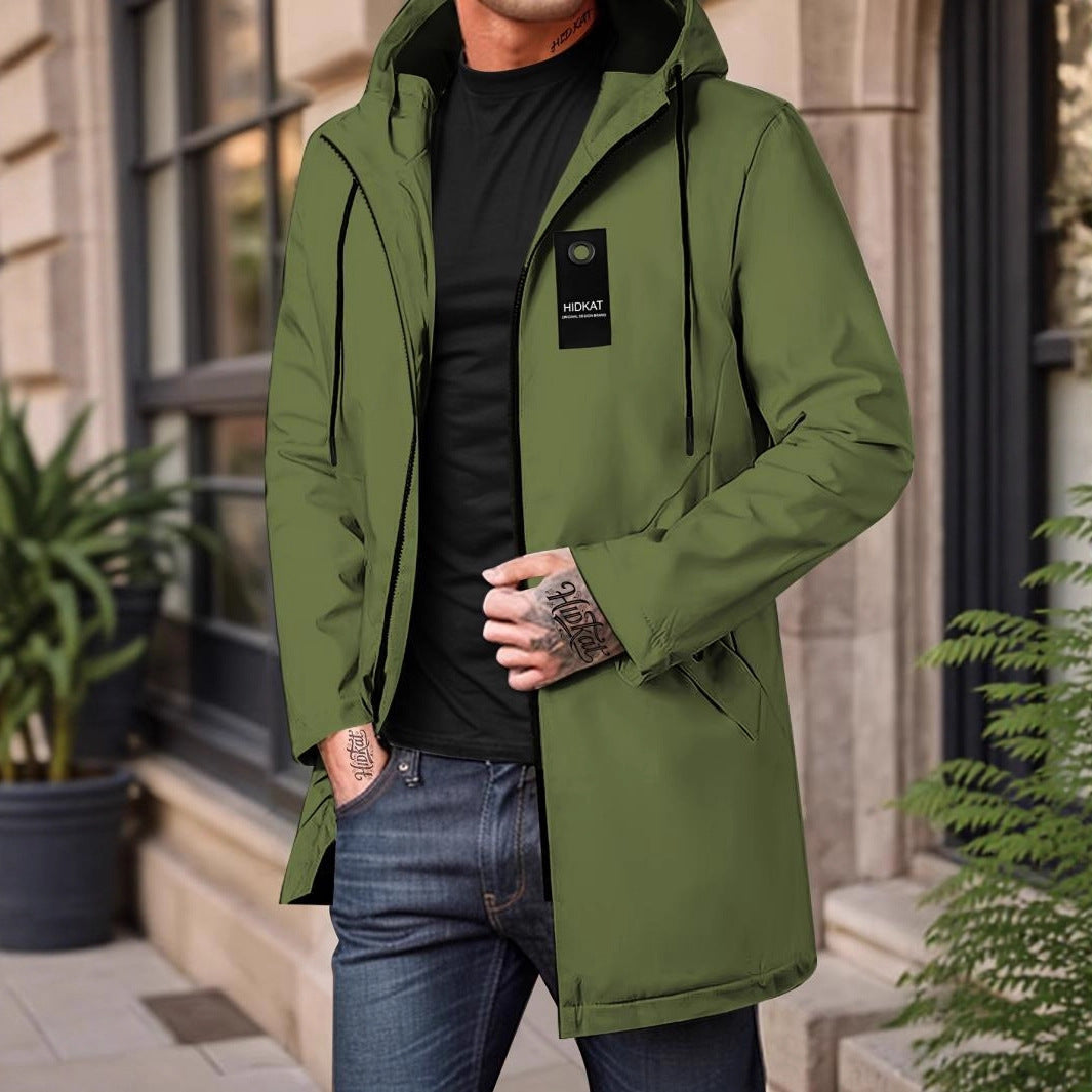 Mid-length Men's Hooded Casual Workwear Shell Jacket Windproof Jacket