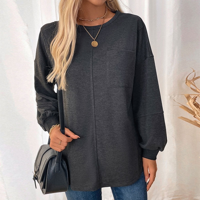 Round Neck Mid-length Solid Color Hoodie Women