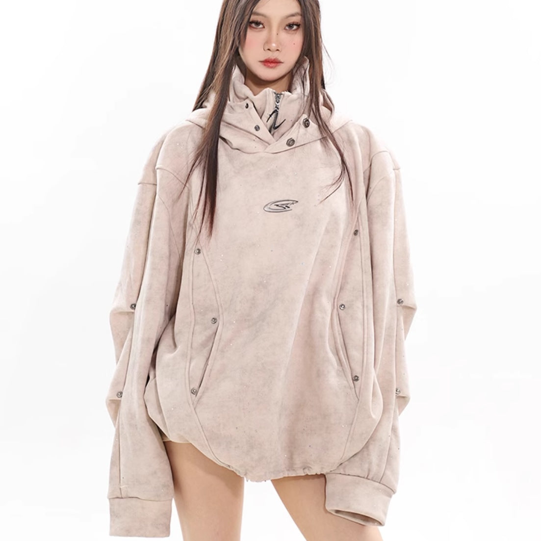Hooded Sweater Double-layer Turtleneck Metal Pleated Couple's Tops