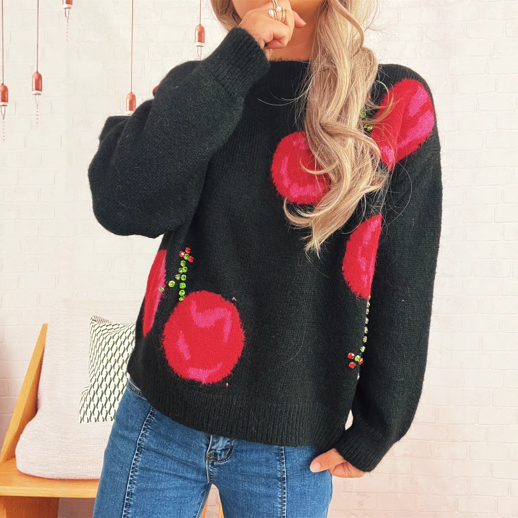 Women's Casual Loose Cherry Jacquard Color-block Knit Sweater