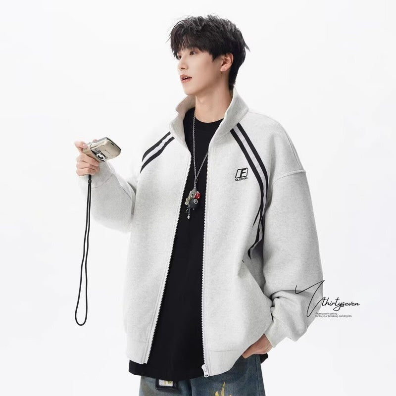 Stand Collar Color Block Stripe Loose Lazy American Style Jacket