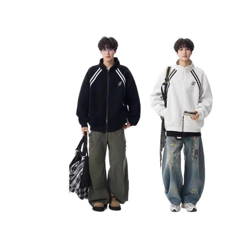 Stand Collar Color Block Stripe Loose Lazy American Style Jacket