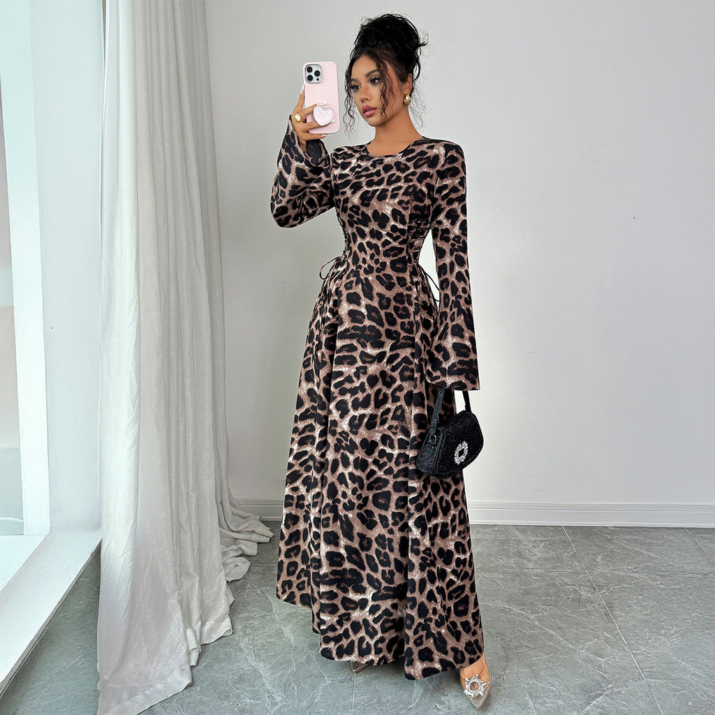 French Leopard Print Long Sleeve Dress Women