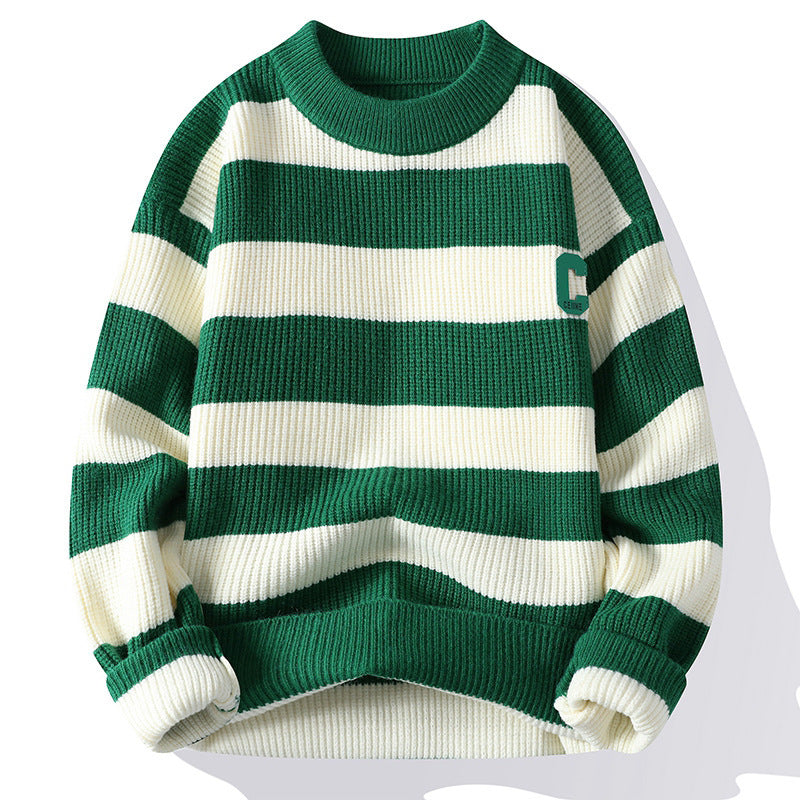 Autumn Letter Stripes Mock Neck Sweater Handsome Man Knitwear Tide