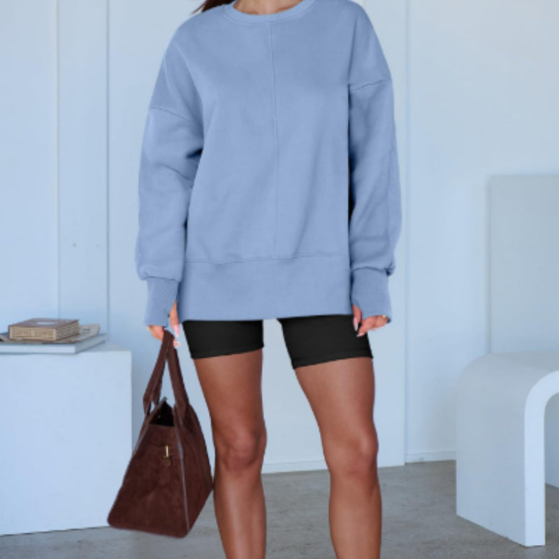 Loose Sweater Side Slit Patchwork Round Neck Bat Sleeve Velvet Hoodie