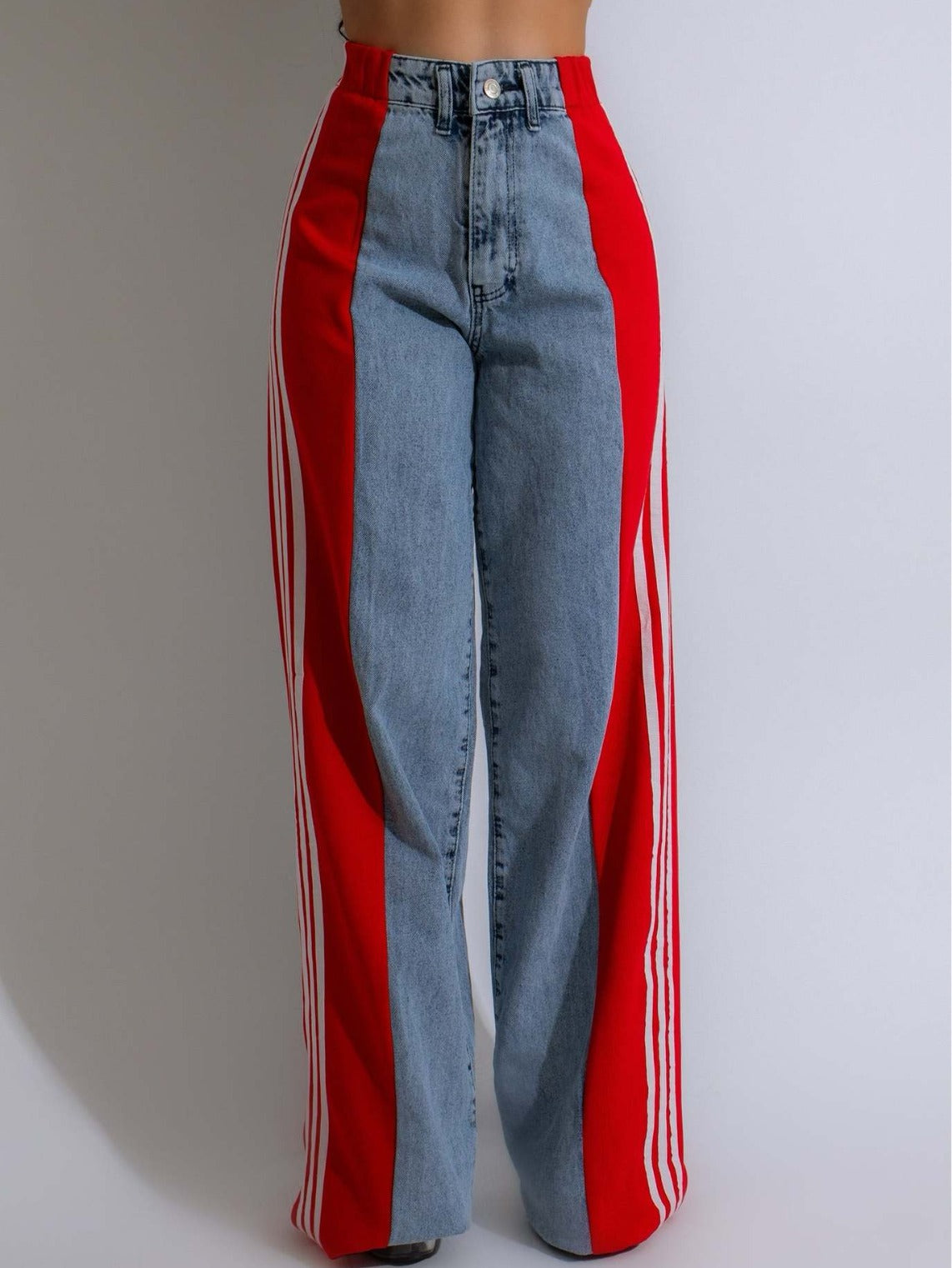 Summer Fashion Stitching Three Striped Wide Leg Denim Trousers For Women