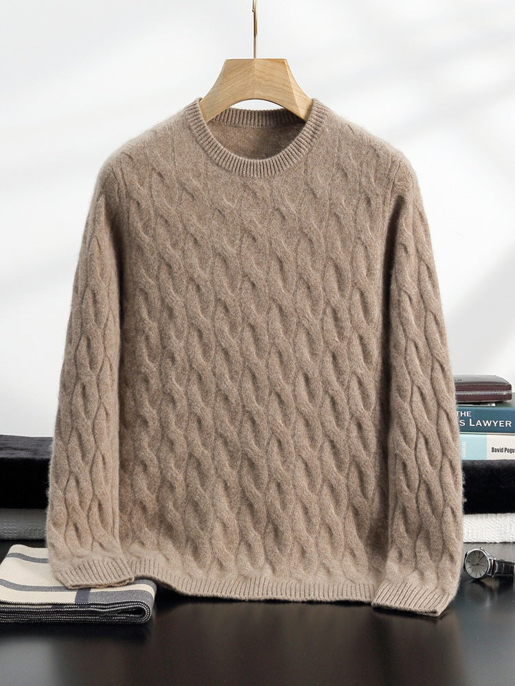 Thickened Men's Cashmere Sweater With Round Neck And Twisted Design