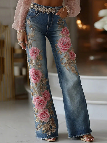 Womens Retro Printed Faux Denim Jeans