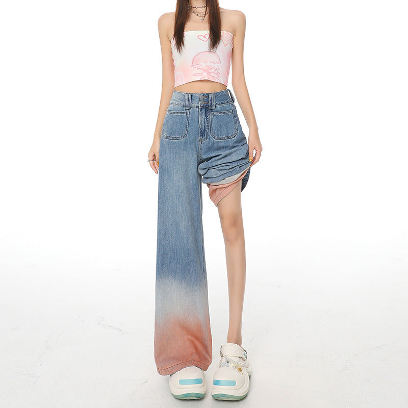 Gradient Color High Waist Wide Leg Jeans For Women Loose-fitting Mopping Pants