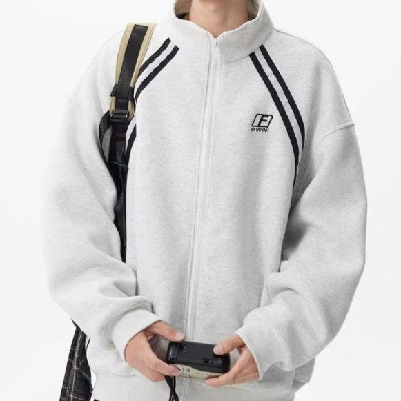 Stand Collar Color Block Stripe Loose Lazy American Style Jacket