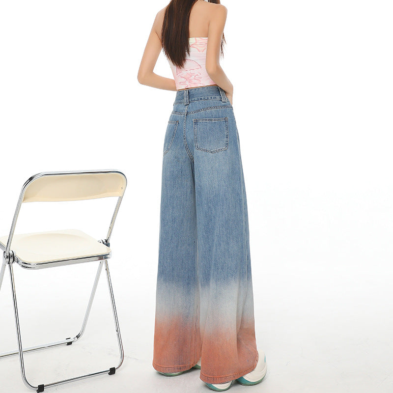 Gradient Color High Waist Wide Leg Jeans For Women Loose-fitting Mopping Pants