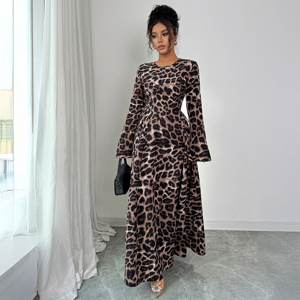 French Leopard Print Long Sleeve Dress Women