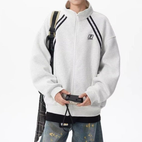 Stand Collar Color Block Stripe Loose Lazy American Style Jacket