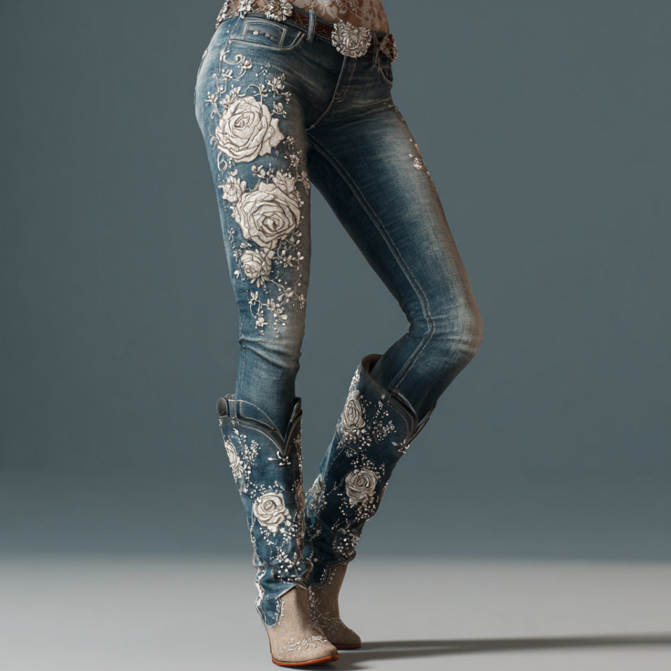 Womens Denim Jeans  Womens Trousers With Colorful 3D Floral Prints