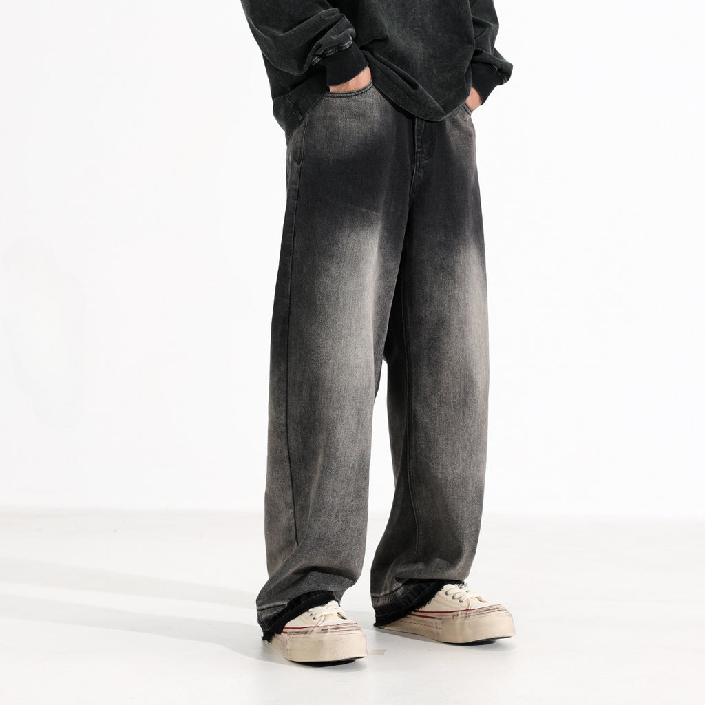 American-style Heavy Washed Black And Gray Straight Jeans Men's Loose Wide Leg Casual Trousers