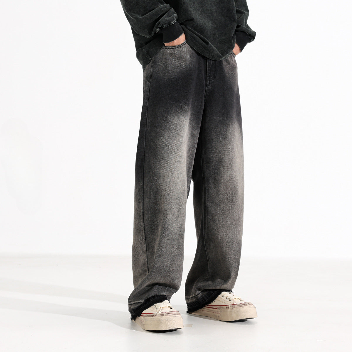 American-style Heavy Washed Black And Gray Straight Jeans Men's Loose Wide Leg Casual Trousers