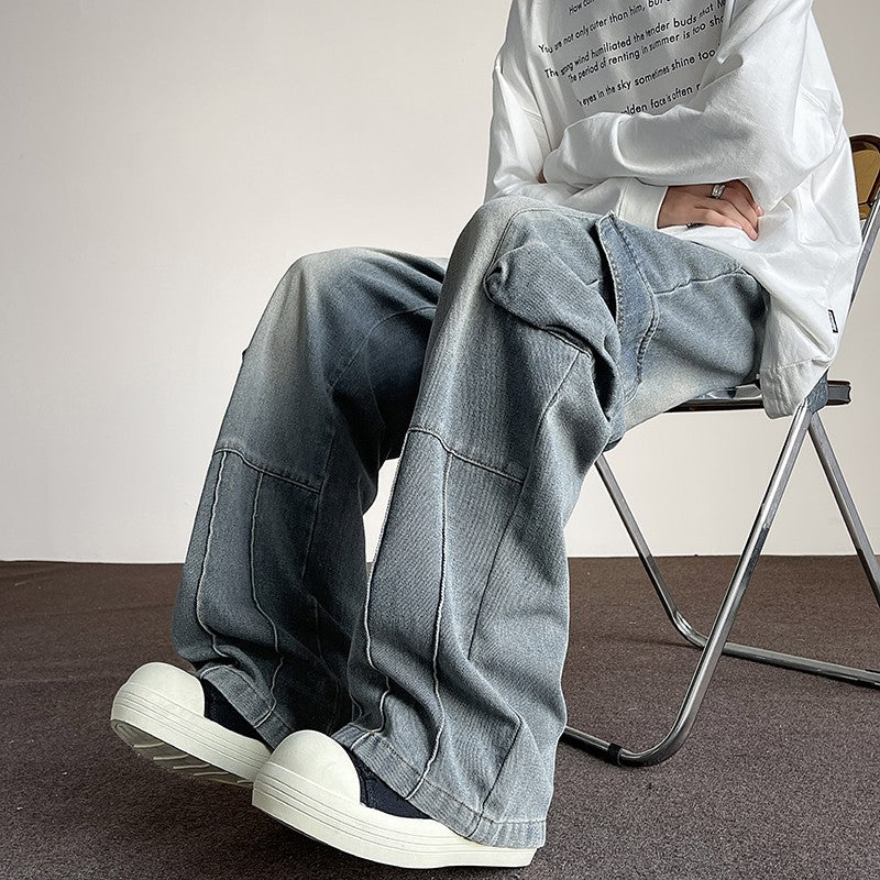Washed Vintage Denim Men's Versatile Wide-Leg Multi-Pocket Casual Pants