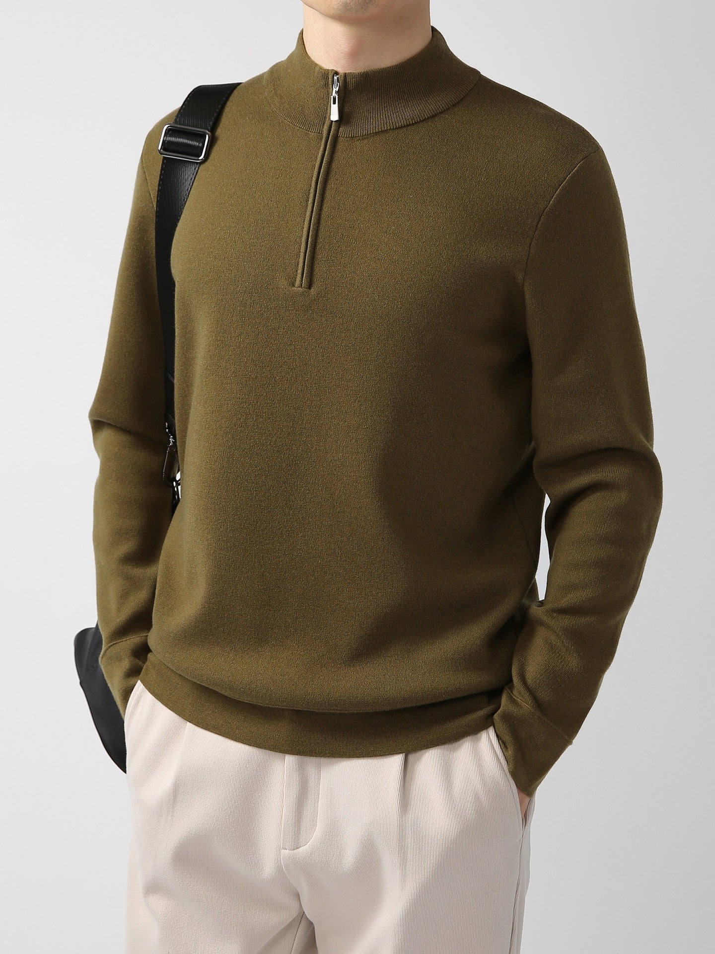 Men's Sweater Light Mature Simple Zip Stand Collar Machine Washable Merino Wool Knitwear