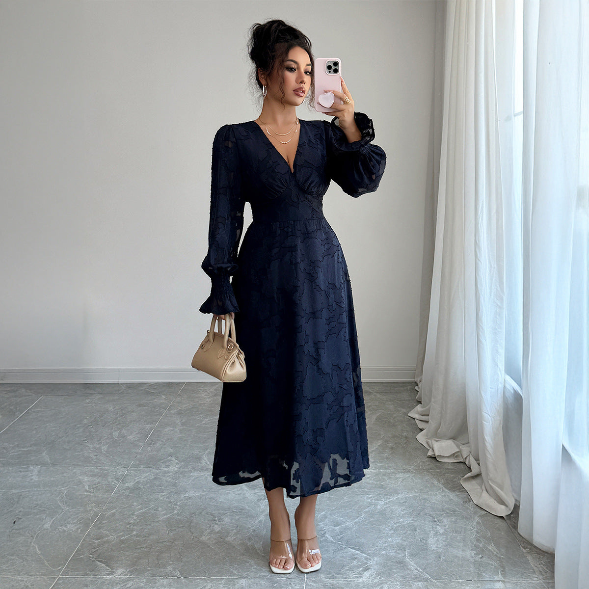 Elegant And Stylish Deep V Lace Long Sleeve Dress For Women