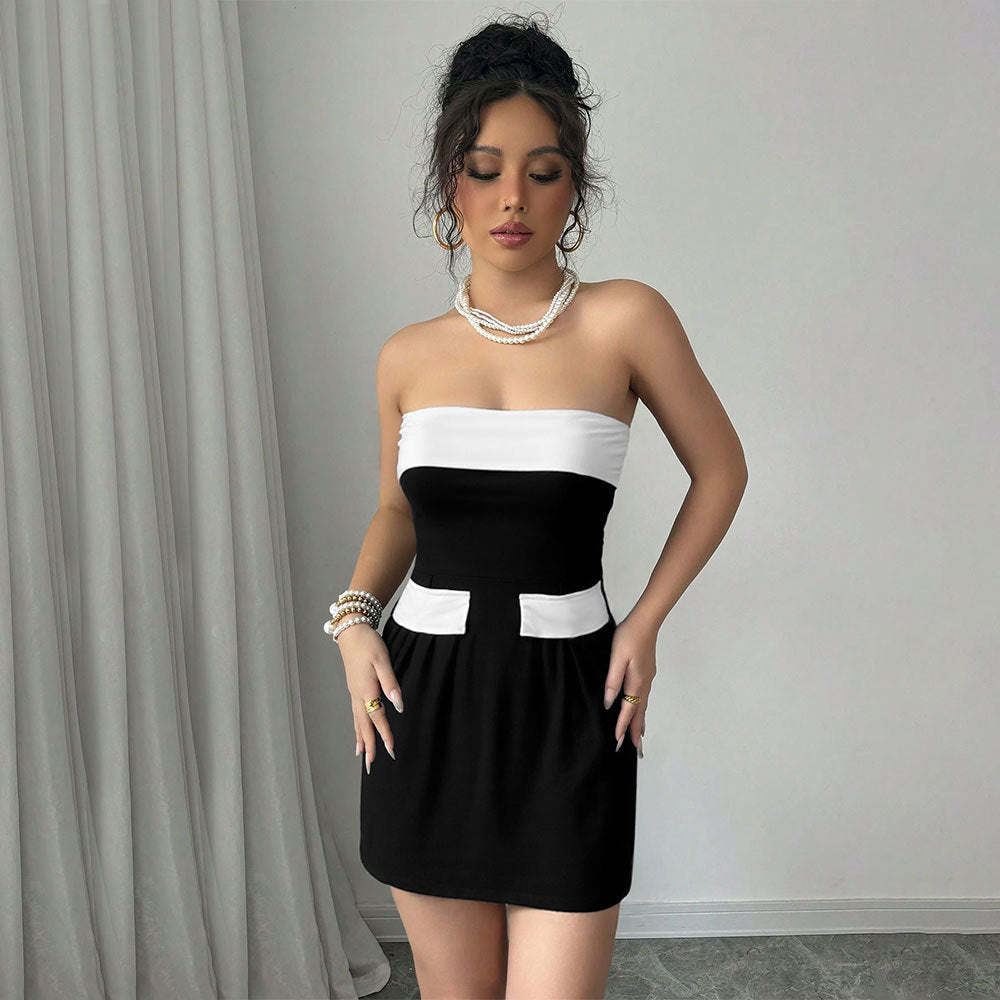 Sexy Socialite Style Dress Summer One-shoulder Bustier Color-blocked Mini Skirt