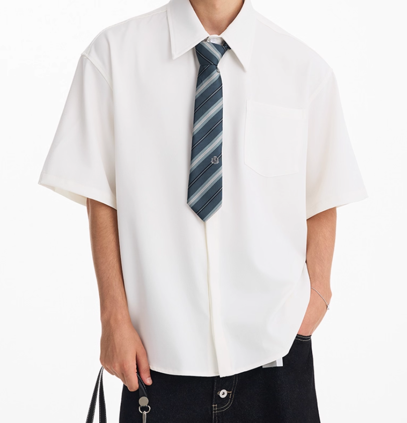 Summer American Retro Solid Color Short Sleeve Shirt Men