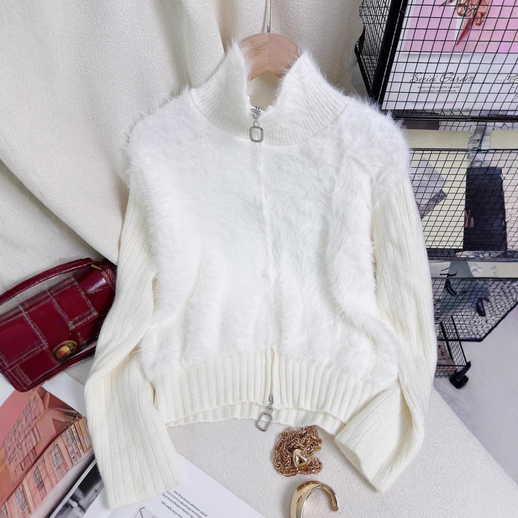 Women's Solid Color Stand Collar Faux Mink Sweater