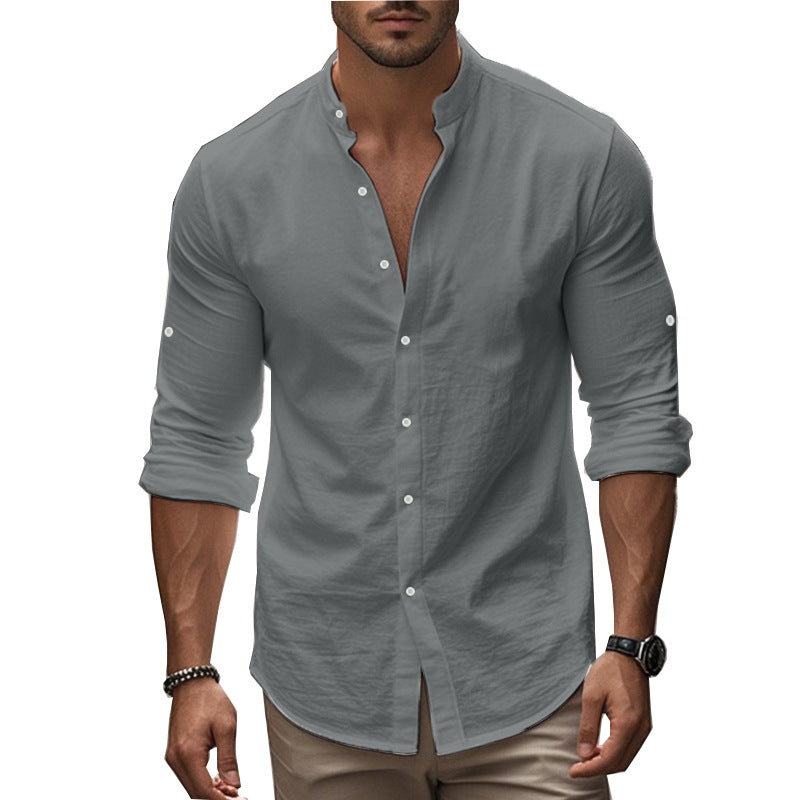 Standing Collar Solid Color Casual Cotton Linen Shirt