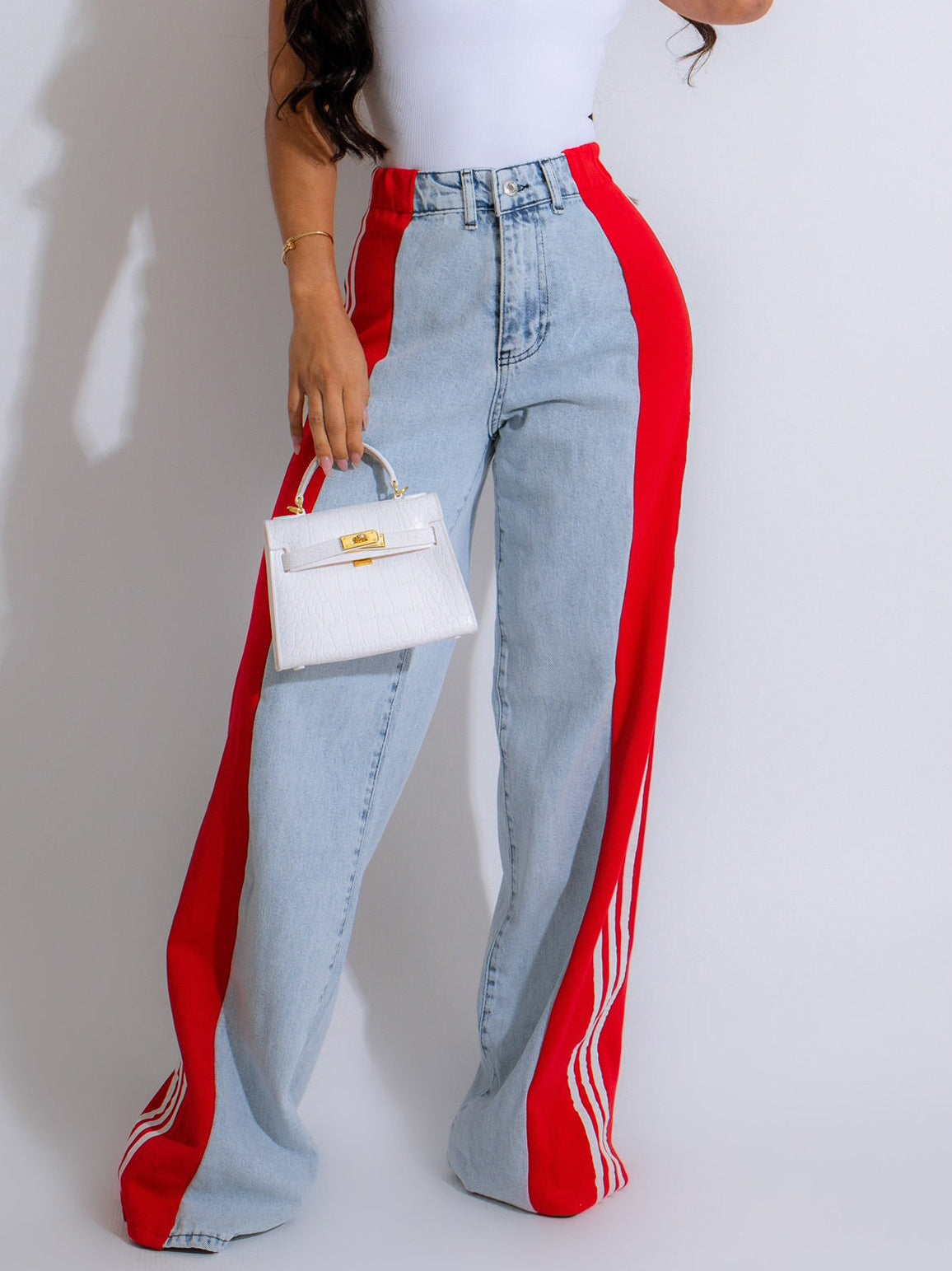 Summer Fashion Stitching Three Striped Wide Leg Denim Trousers For Women