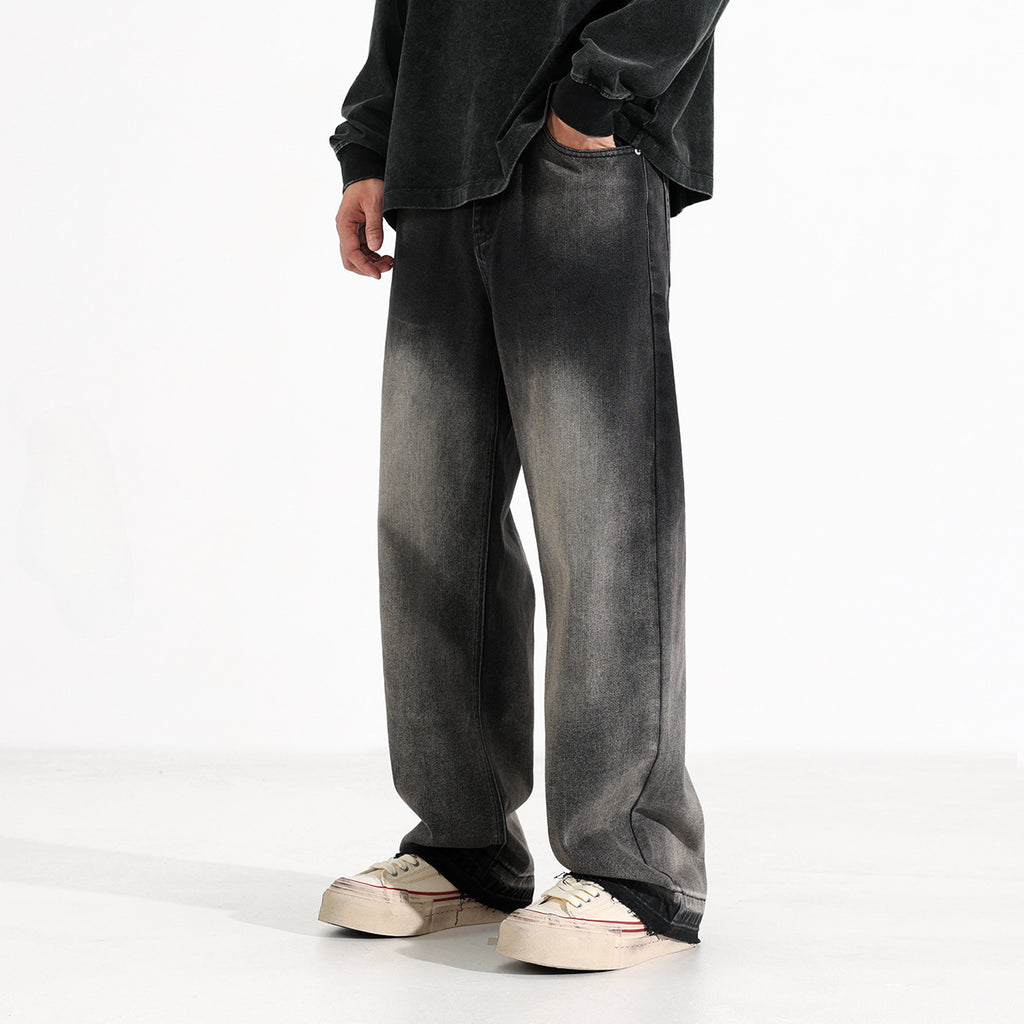 American-style Heavy Washed Black And Gray Straight Jeans Men's Loose Wide Leg Casual Trousers