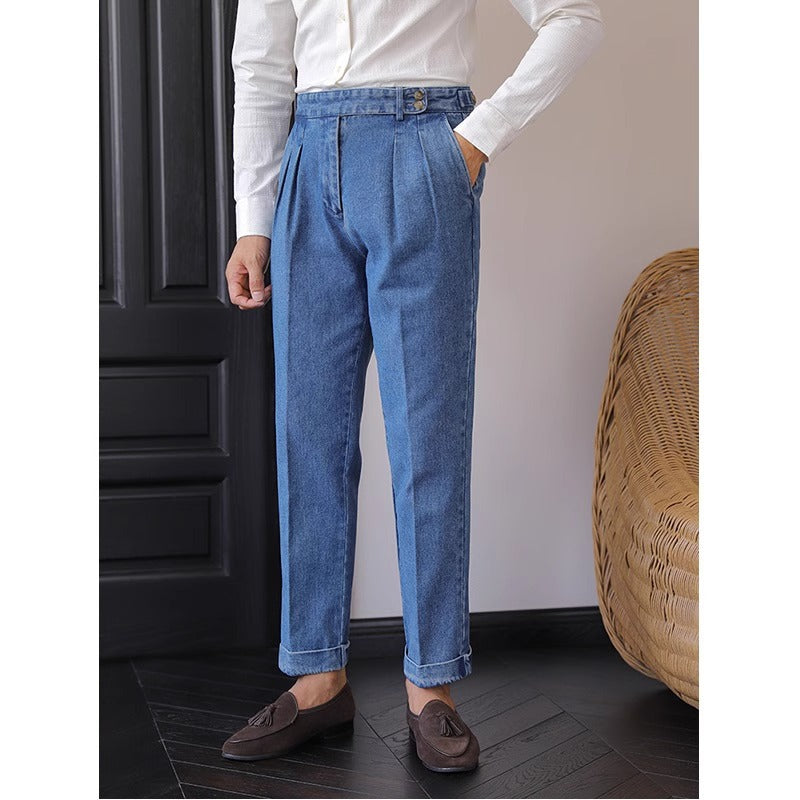 British High Waist Men's Jeans Drooping Straight Curling Suit Pants