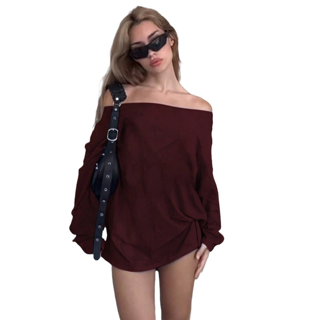 Sweet And Spicy Style Burgundy Dress Off-shoulder Loose Short Dress For Autumn And Winter