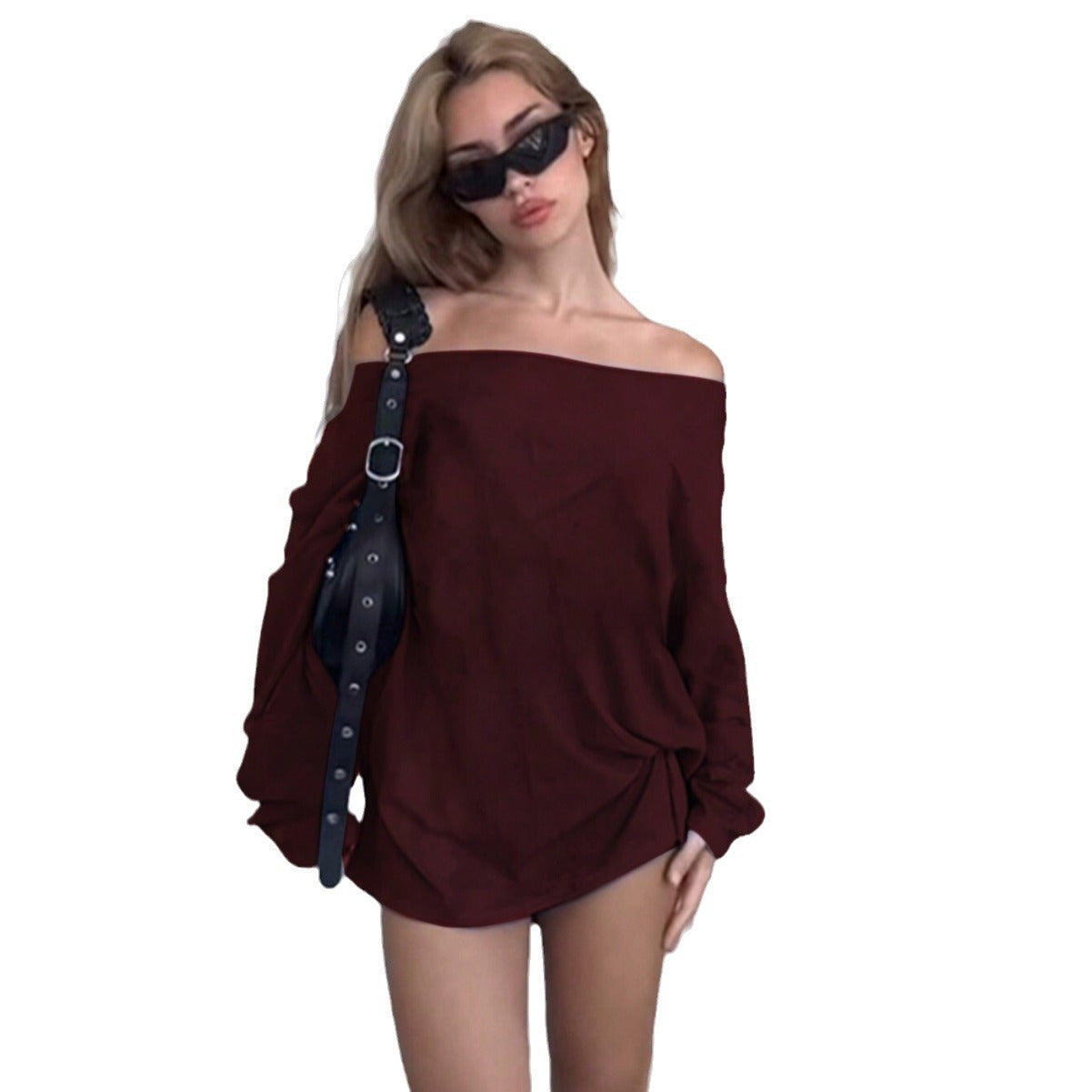 Sweet And Spicy Style Burgundy Dress Off-shoulder Loose Short Dress For Autumn And Winter