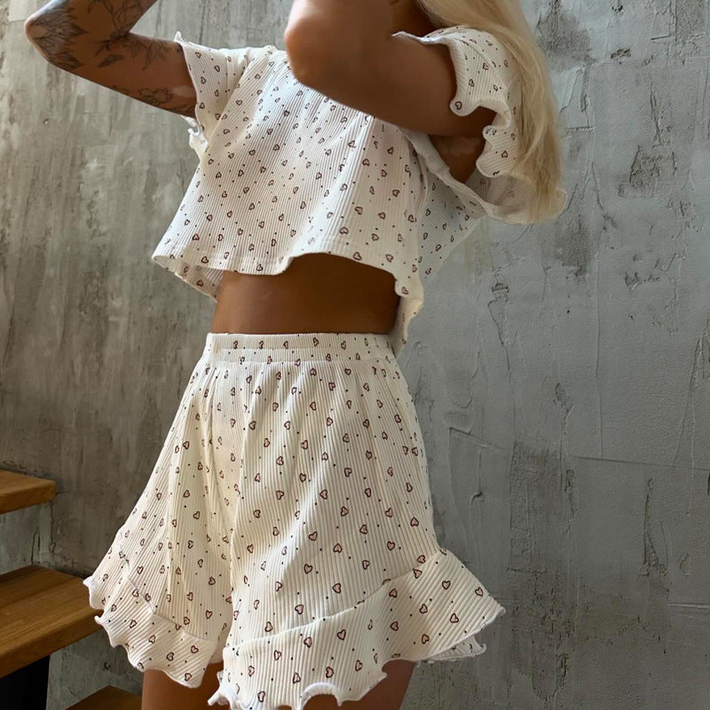 Women's Casual Printing Suit Short Sleeve Round Neck Shorts