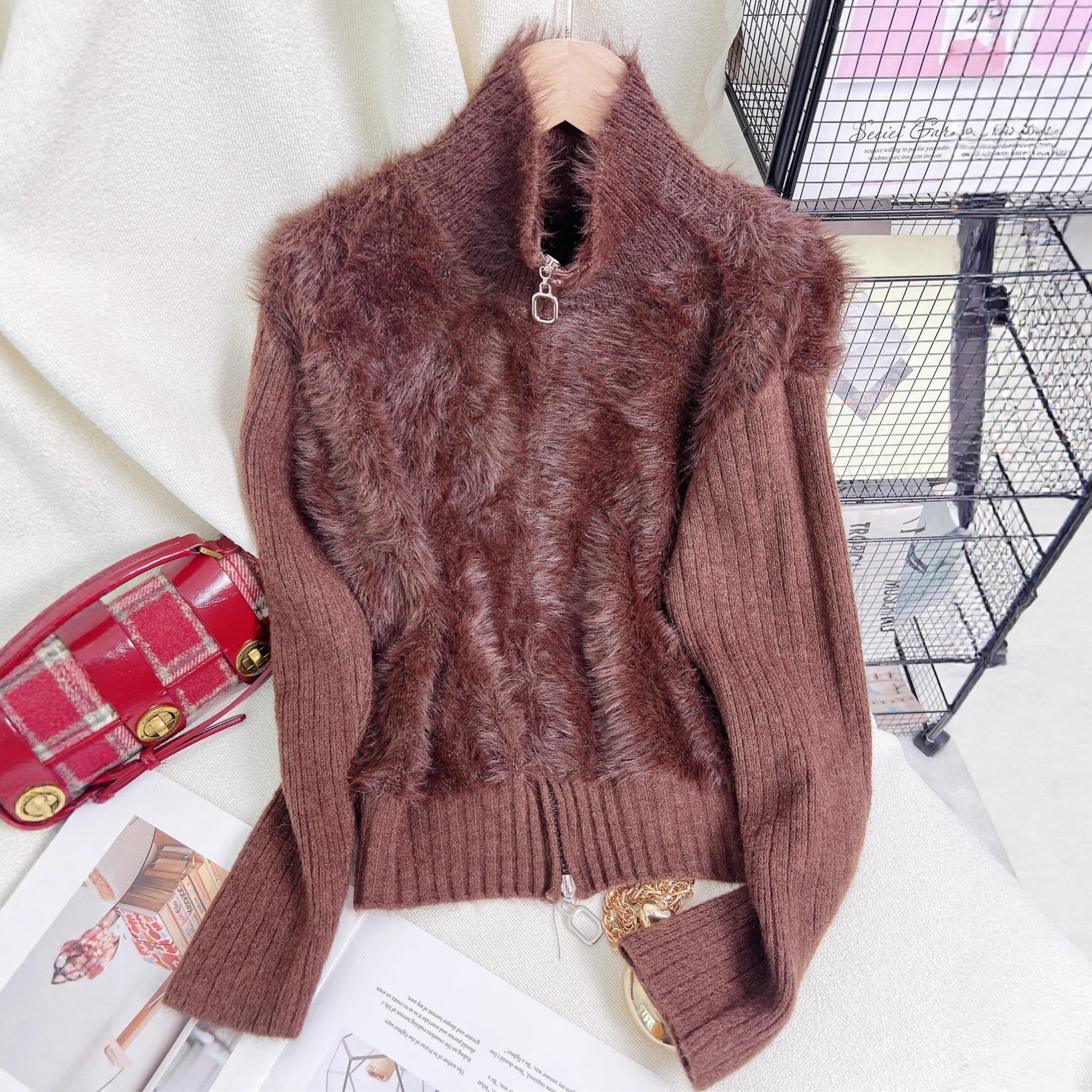 Women's Solid Color Stand Collar Faux Mink Sweater