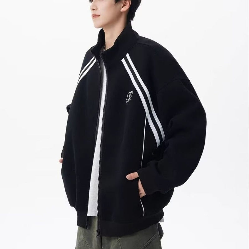 Stand Collar Color Block Stripe Loose Lazy American Style Jacket