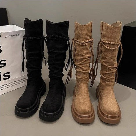 Retro Fashion Versatile Fringe Stacked Boots Women