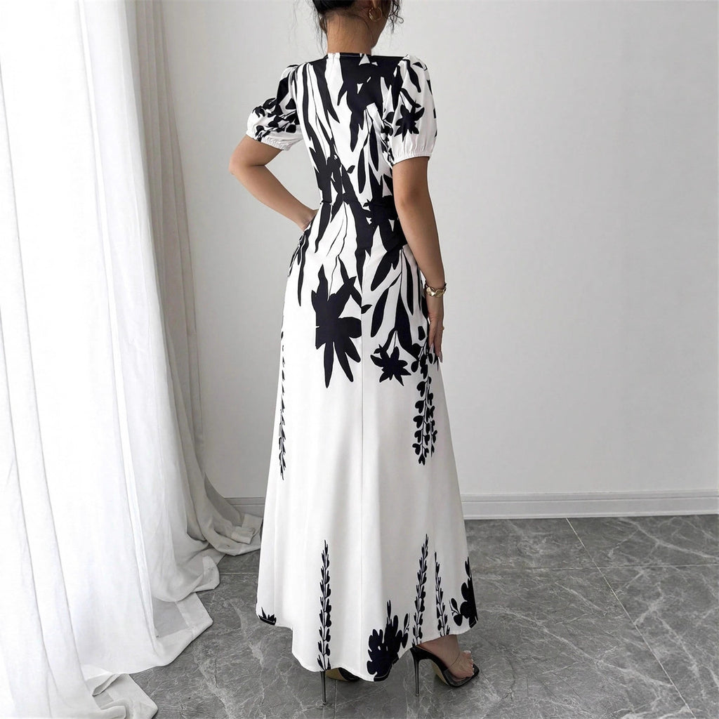 Women's Fashion Round Neck Printed Bubble Sleeve Long Dress