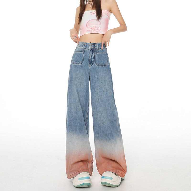 Gradient Color High Waist Wide Leg Jeans For Women Loose-fitting Mopping Pants
