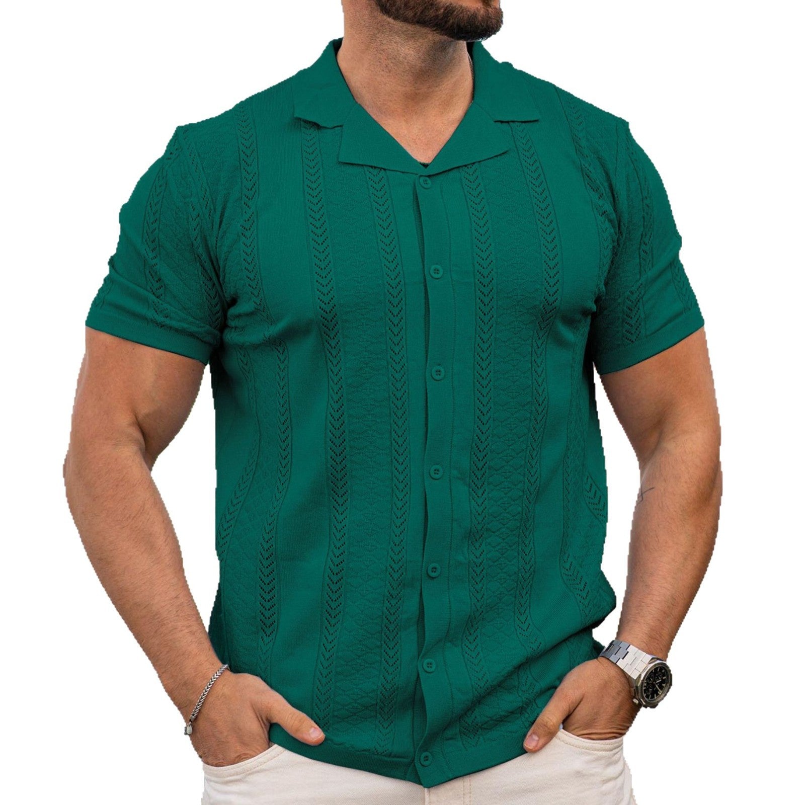 Short Sleeve Men's Fashion Striped Hollow Shirt