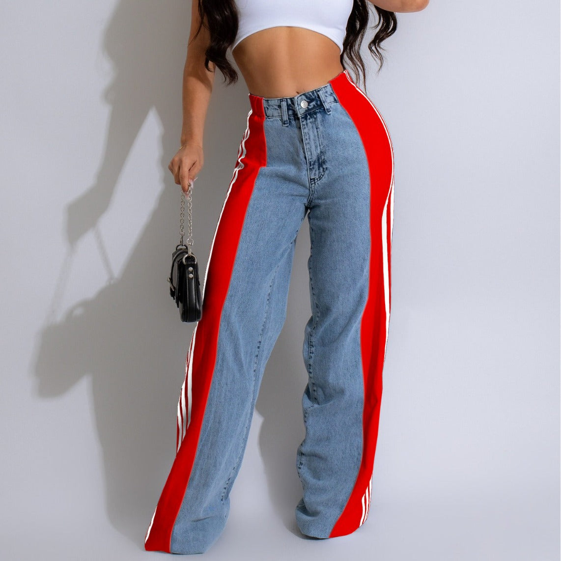 Summer Fashion Stitching Three Striped Wide Leg Denim Trousers For Women
