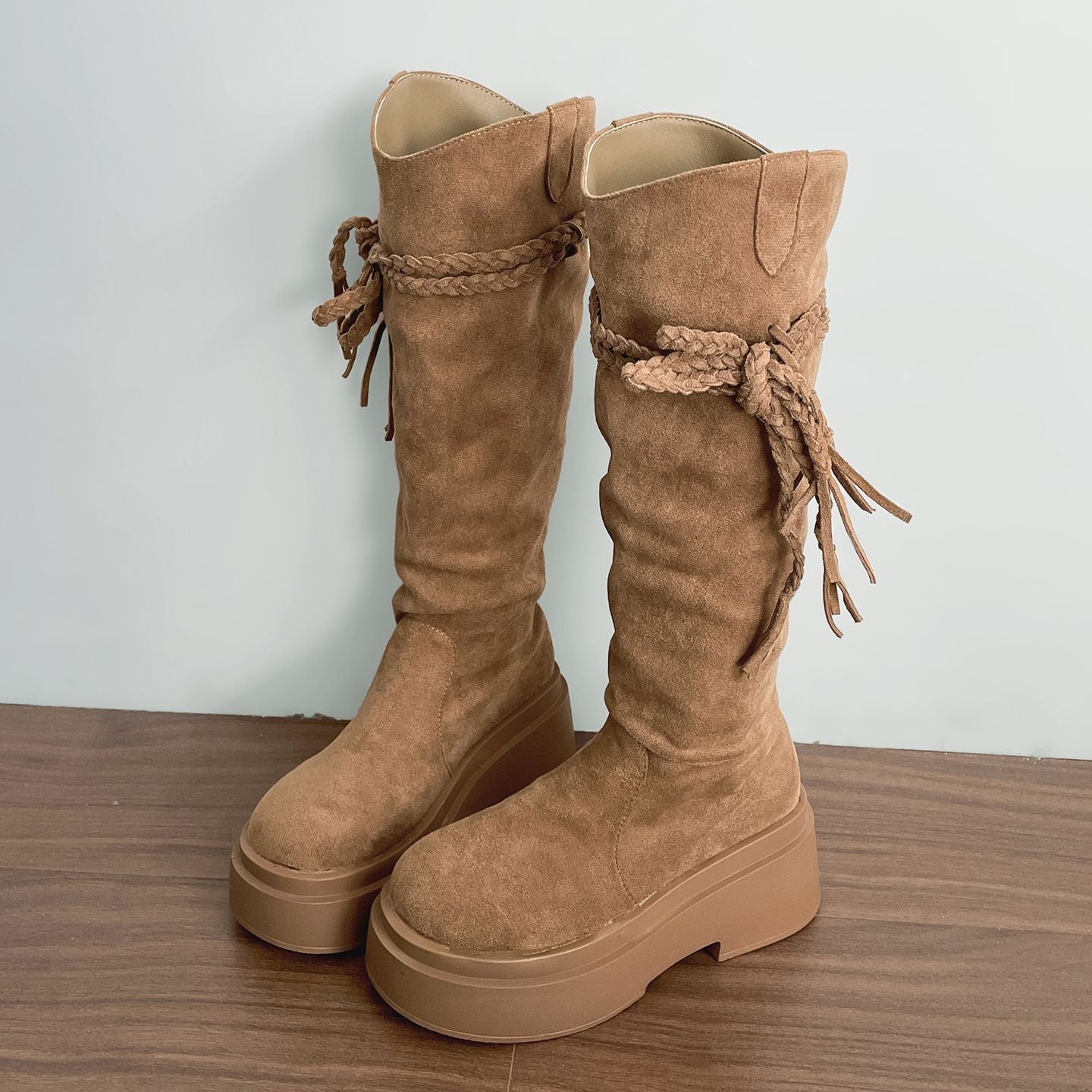 Retro Fashion Versatile Fringe Stacked Boots Women