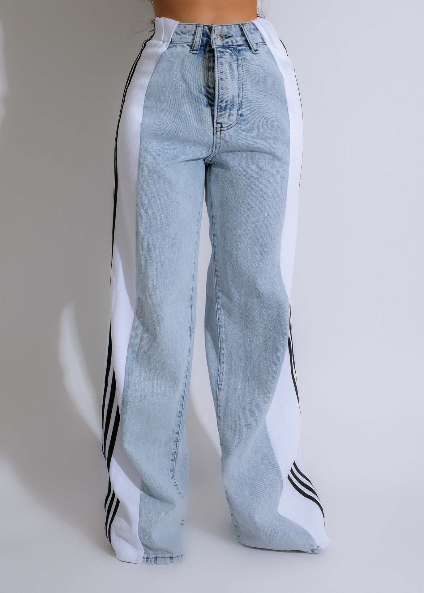 Summer Fashion Stitching Three Striped Wide Leg Denim Trousers For Women