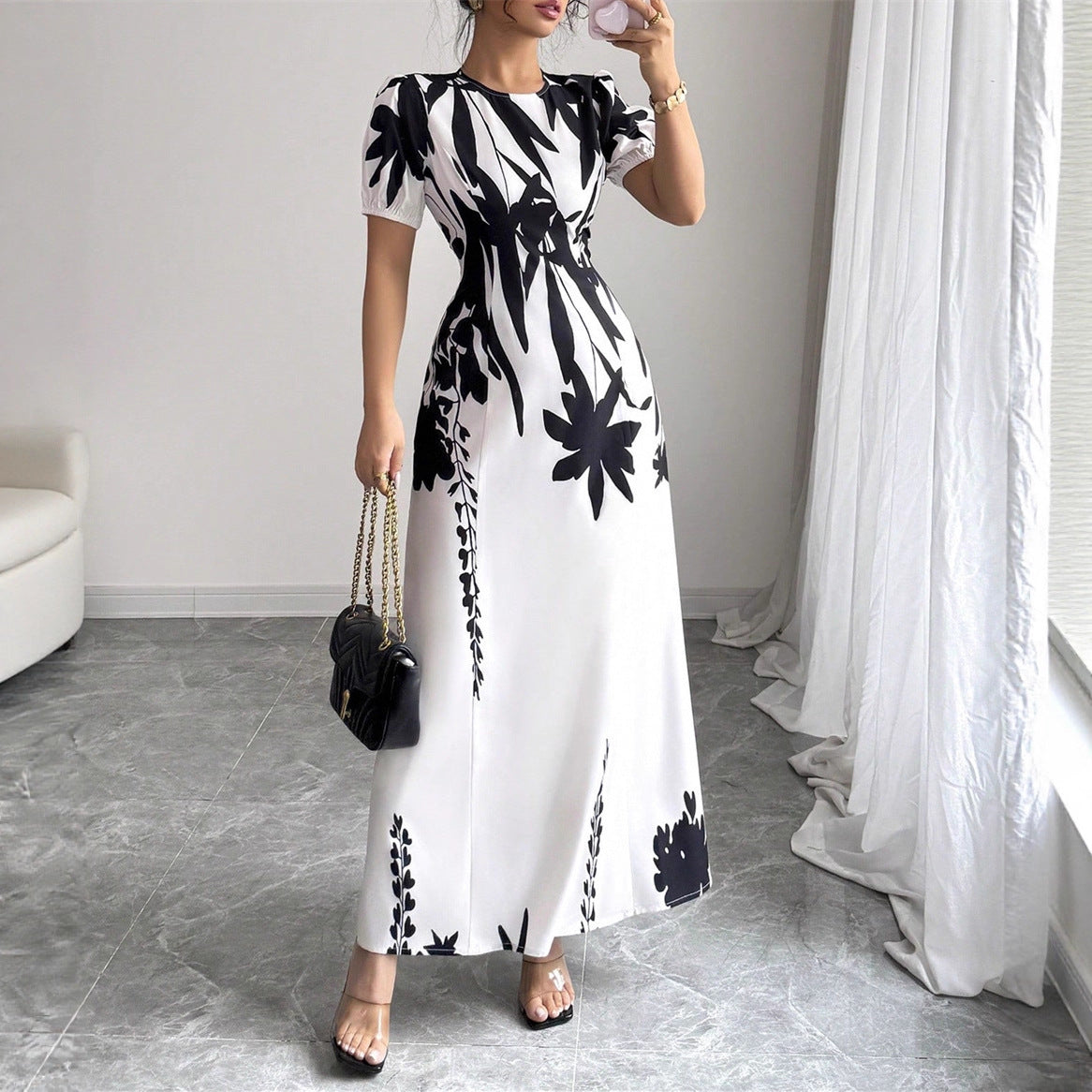 Women's Fashion Round Neck Printed Bubble Sleeve Long Dress