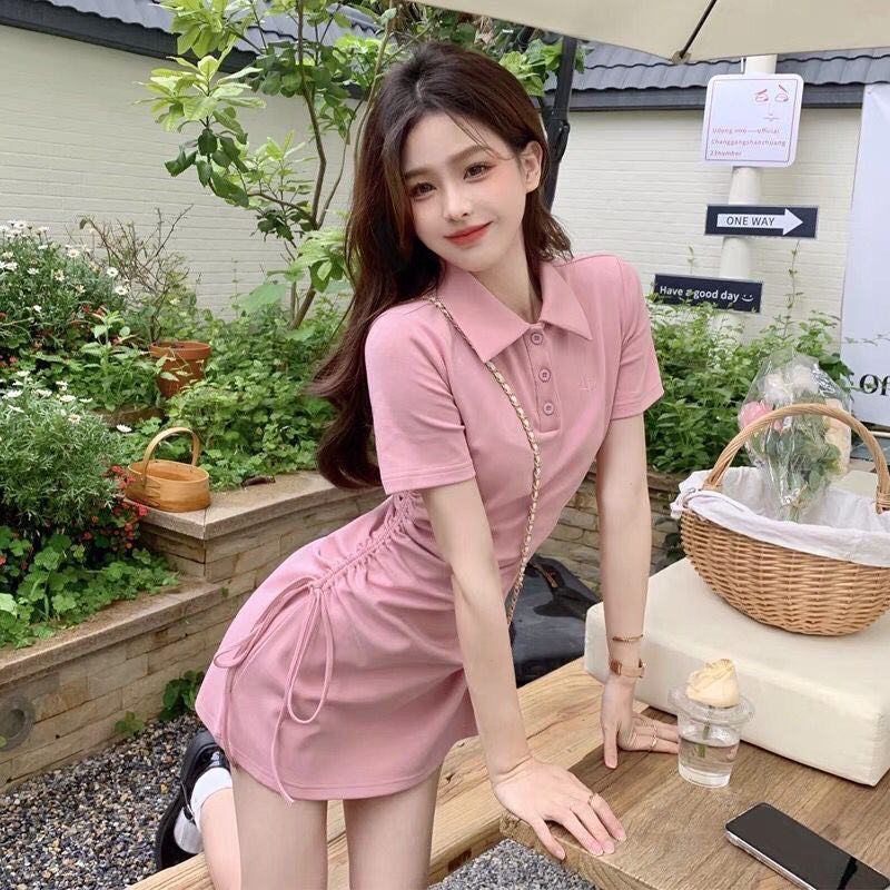 Pure Desire Style POLO Collar Dress Women Drawstring